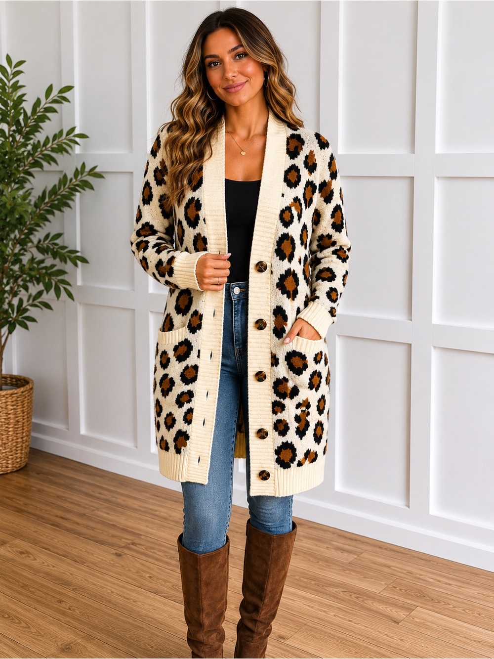 Leopard Print Longline Cardigan Sweater - Size Large
